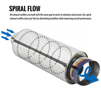Universal 2.5" Inlet/4" Outlet Stainless Steel Spiral Flow Exhaust Muffler w/ Slanted Burnt Tip
