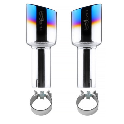 Universal 2.5" Inlet/4.125" Outlet Chrome Stainless Steel Angled Burnt Blue Exhaust Tips - 2PC