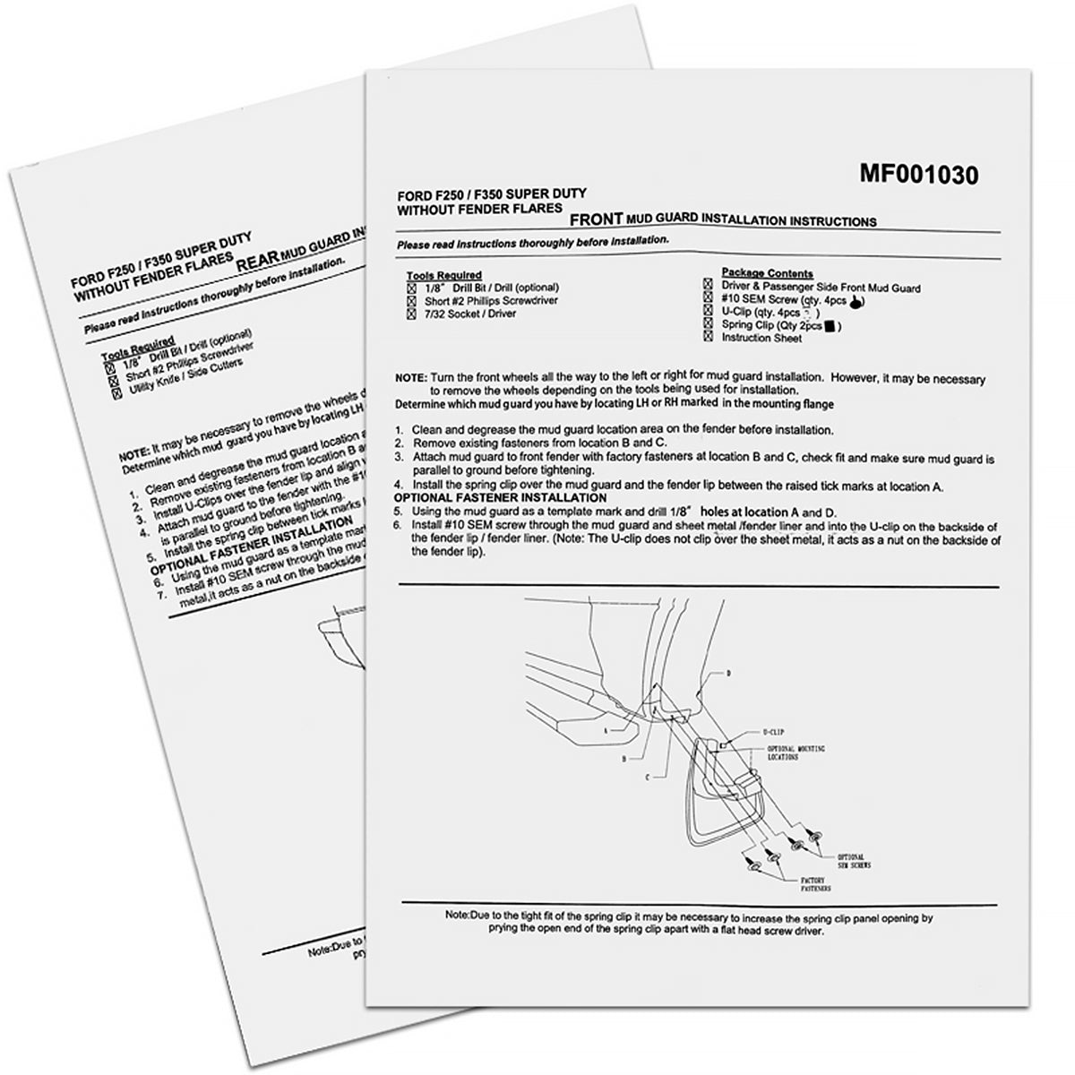 2017-2018 Ford F-250/F-350 Black ABS Front & Rear Mud Flap Splash Guards (Models without OEM Wheel Lip Moldings)