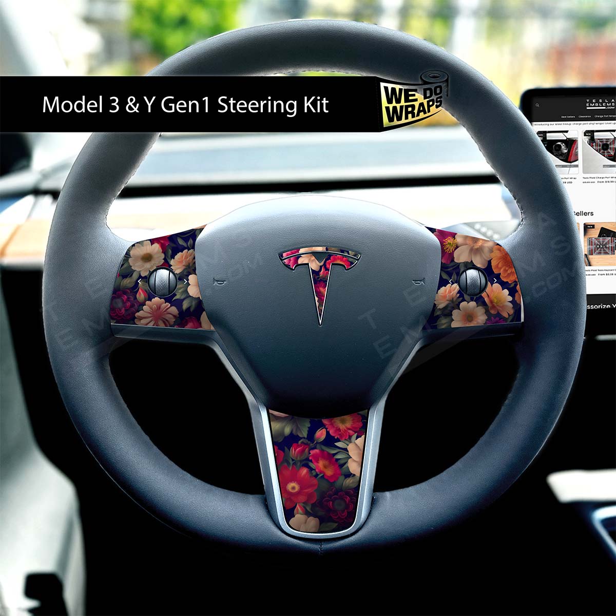 Midnight Bloom Tesla Steering Wheel Wrap | M3 2017-Jan 2024