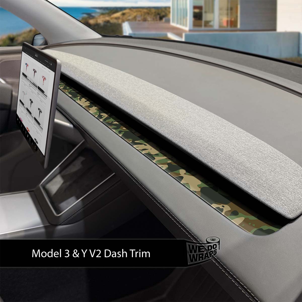 Military Green Camo Tesla Dash Trim Wrap | Model Y 2026