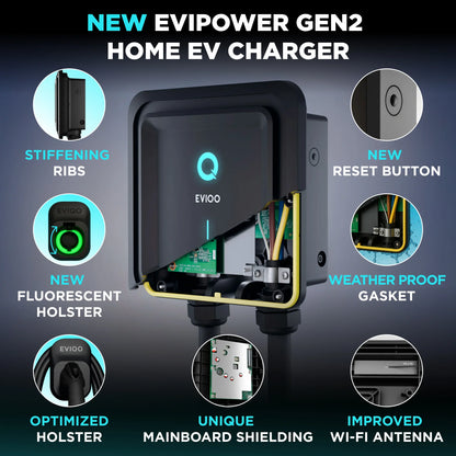 EVIQO NACS Level 2 EV Charger, 40A (9.6kW), 240V, NEMA 14-50 Plug In, for Tesla EVs