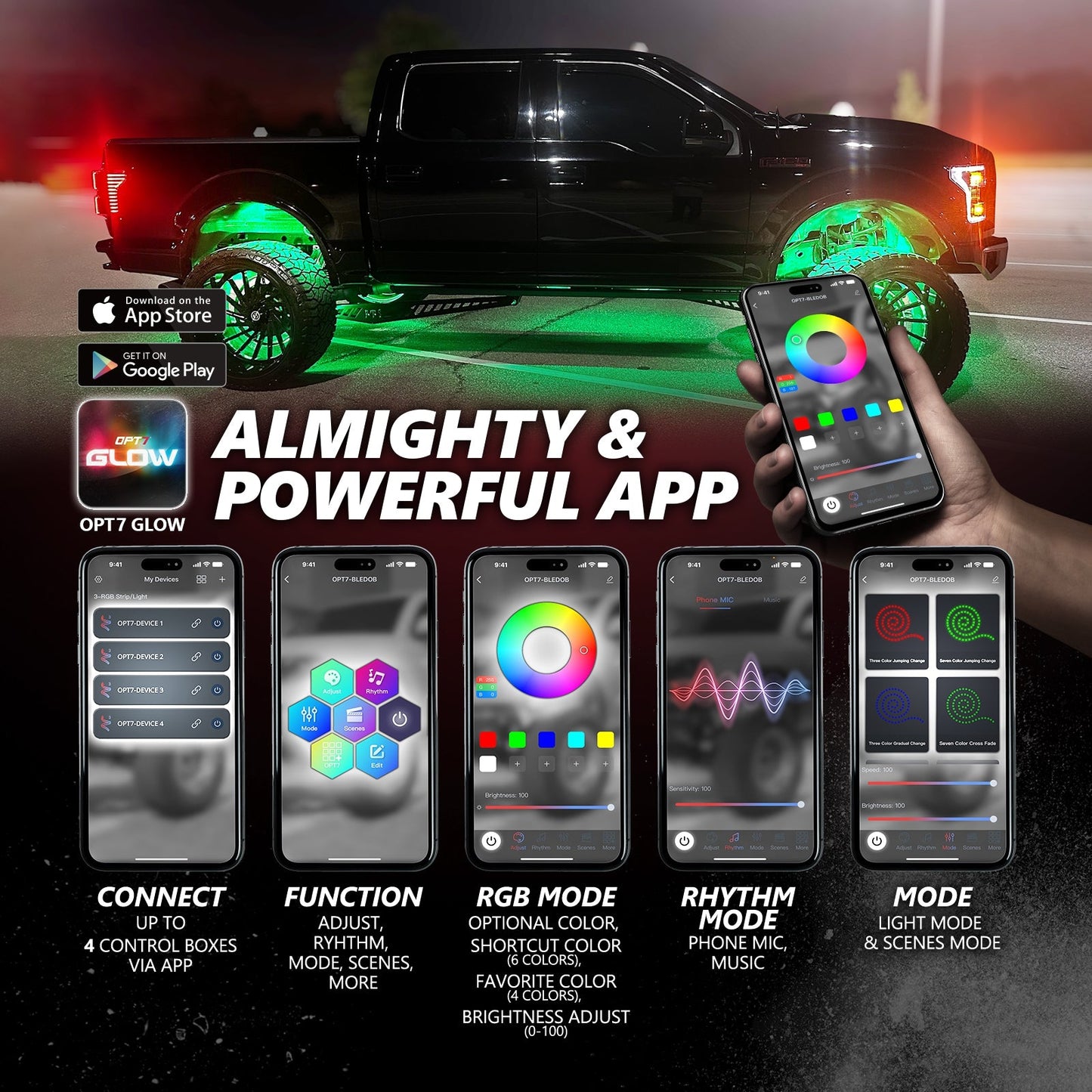OPT7 Photon RGB 8PCS LED Rock Light w-Magnet Wide Angle Underglow Neon Lighting Kit
