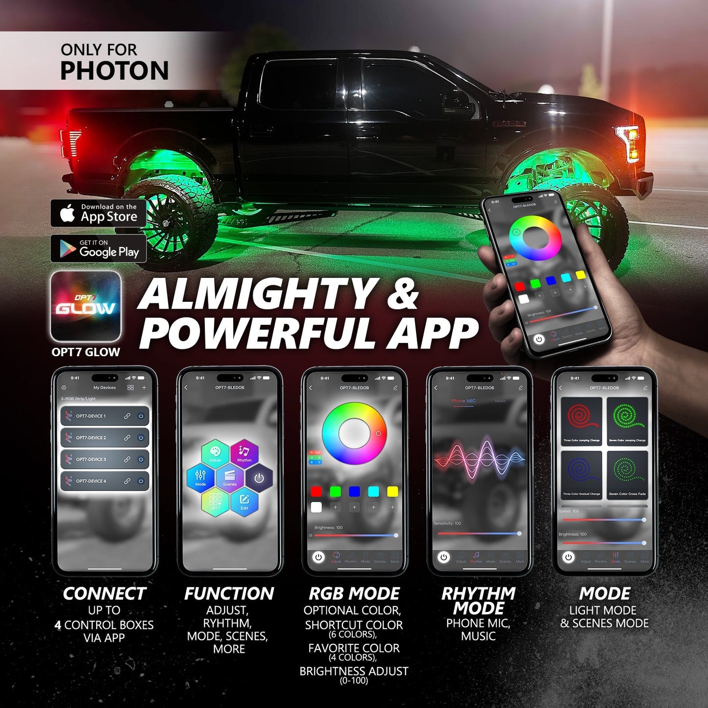 AURA Exterior Pack Bundle (Grille LED Kit + DreamColor Underglow LED Kit + Photon RGB Rock Light Kit) - Bluetooth APP and Remote Controlled
