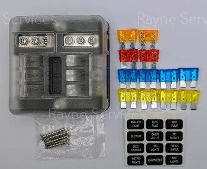 6 Way ATO/ATC Blade Fuse Block Car/Auto/Solar/Boat 12V-48V Box Panel Holder