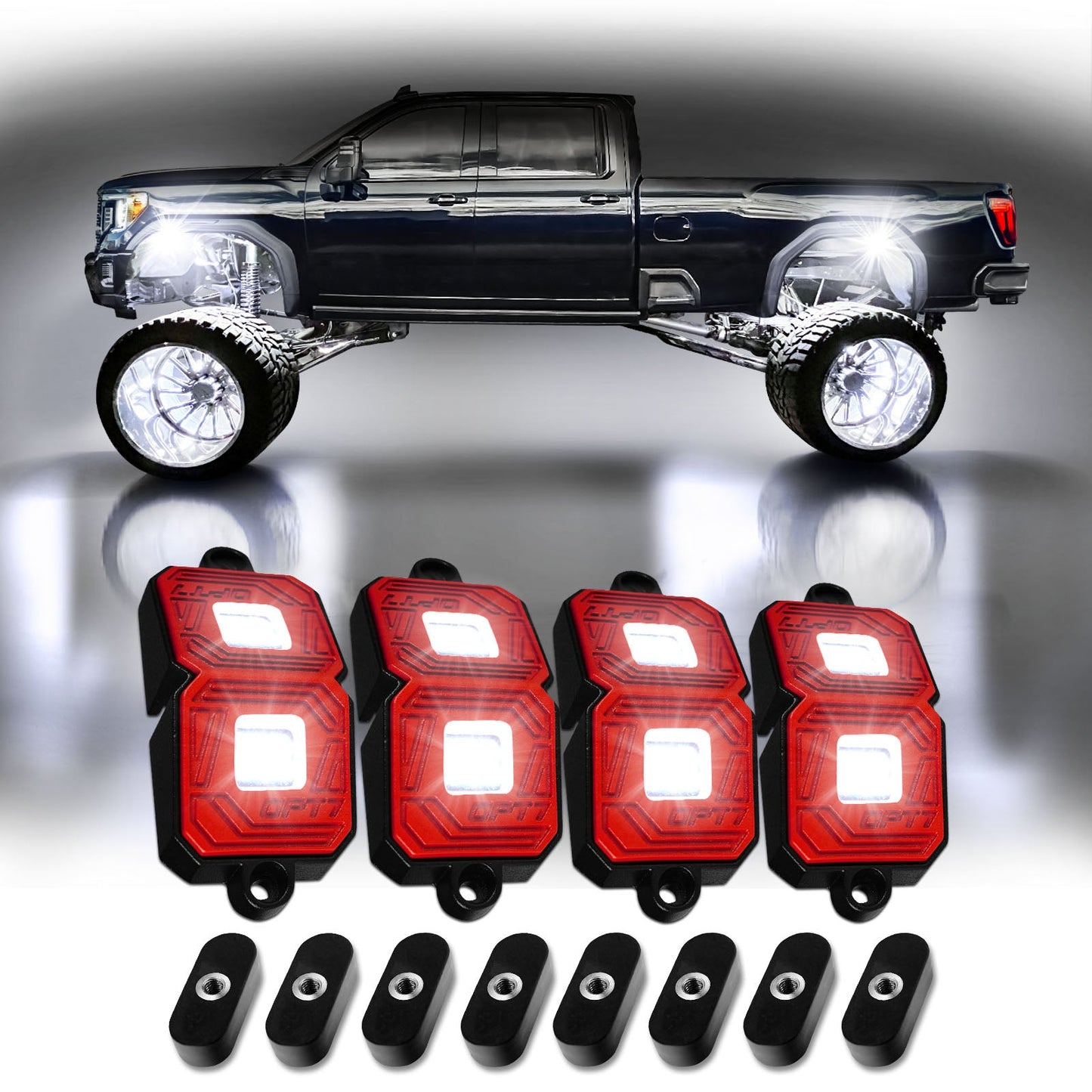 OPT7 Photon White 4PCS LED Rock Light w-Magnet Wide Angle Underglow Neon Lighting Kit