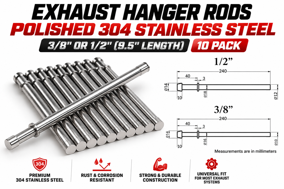 Exhaust Hanger Rods - Polished 304 Stainless Steel 3/8" or 1/2"  (9.5" length) 10 Pack - FREE SHIPPING