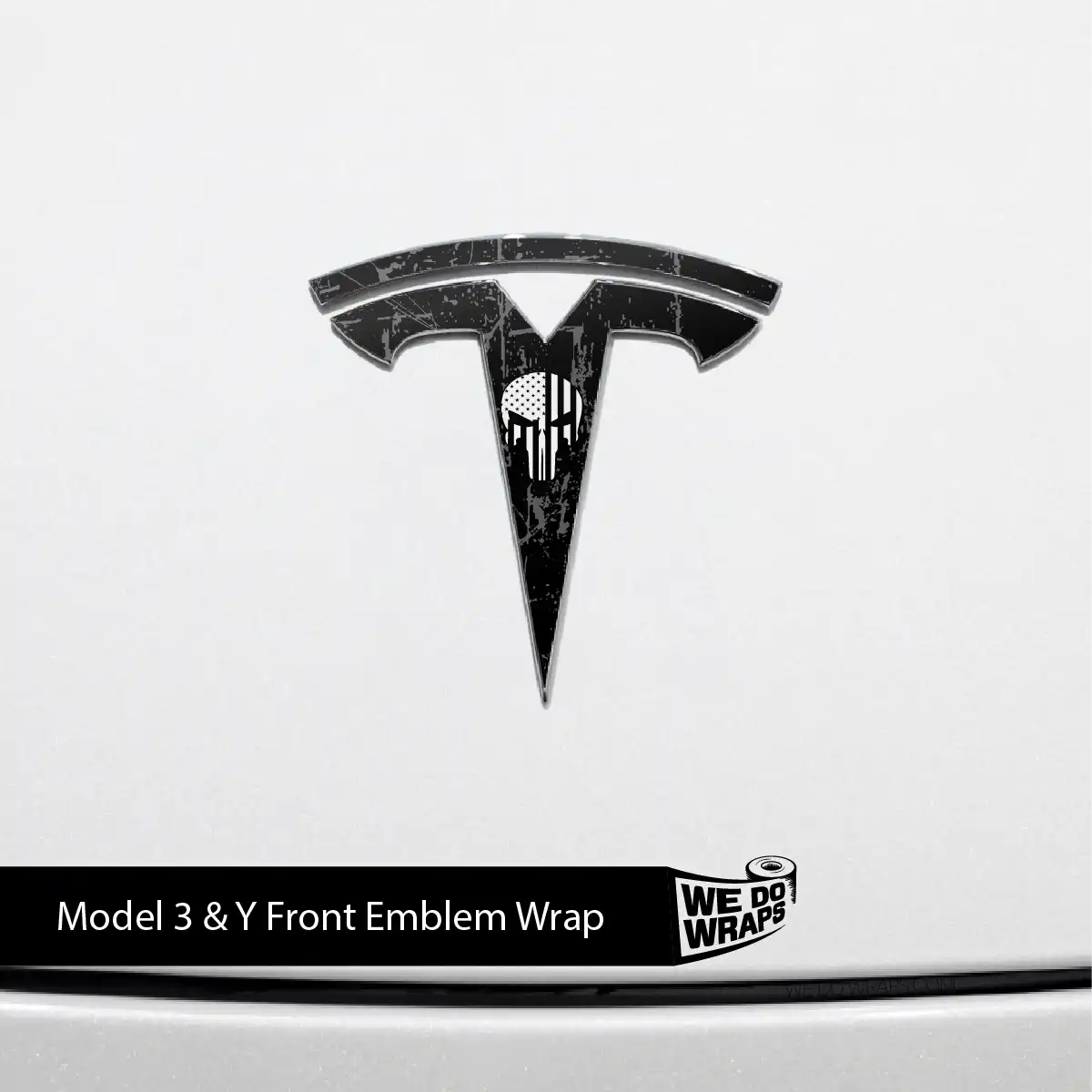 Distressed Skull Tesla Emblem Decals (Front + Back) | Model 3