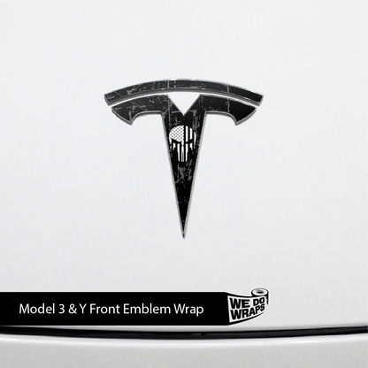Distressed Skull Tesla Emblem Decals (Front + Back) | Model 3