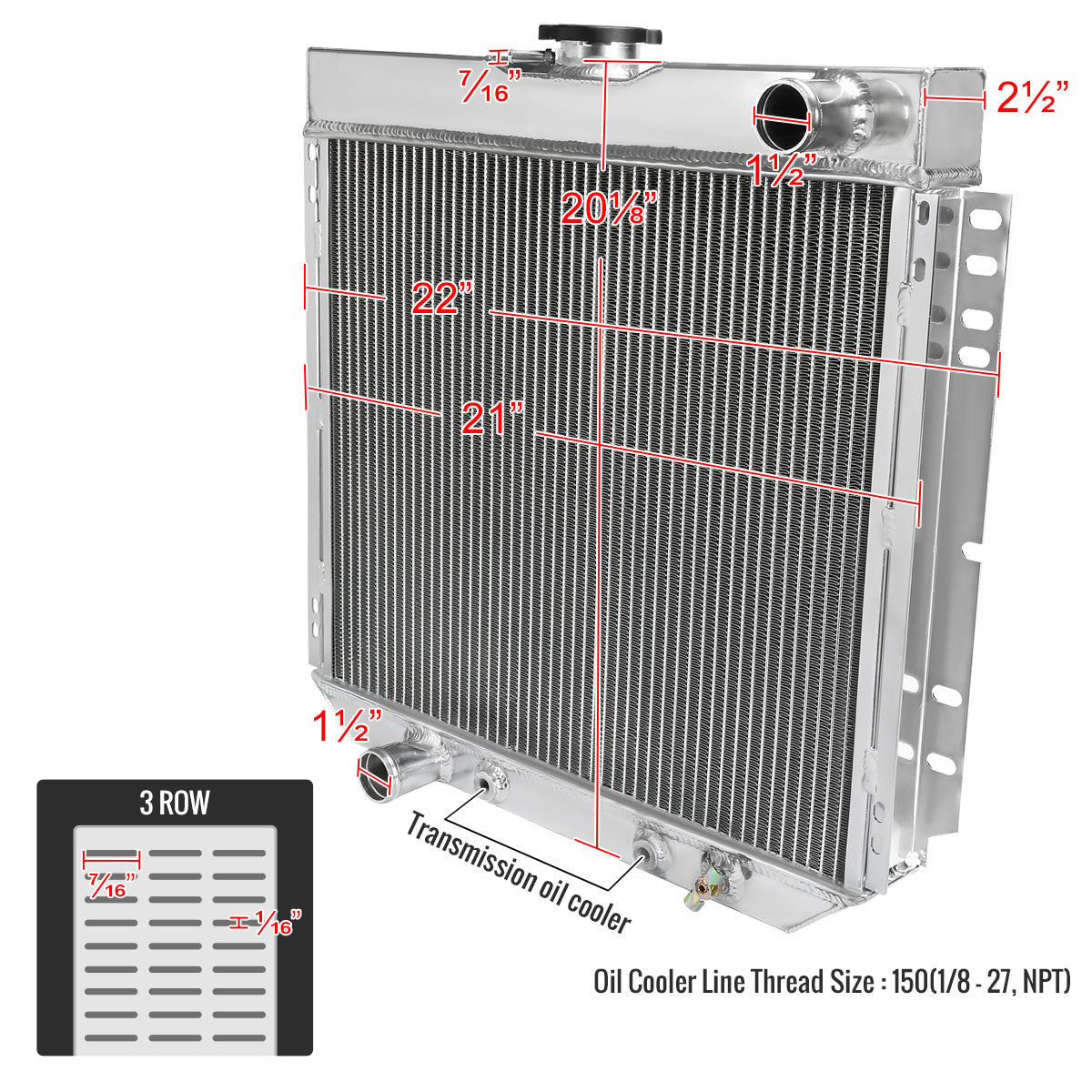 1963-1977 Ford Mustang/Maverick/Falcon Mercury Comet/Cougar Aluminum 3-Row Performance Radiator