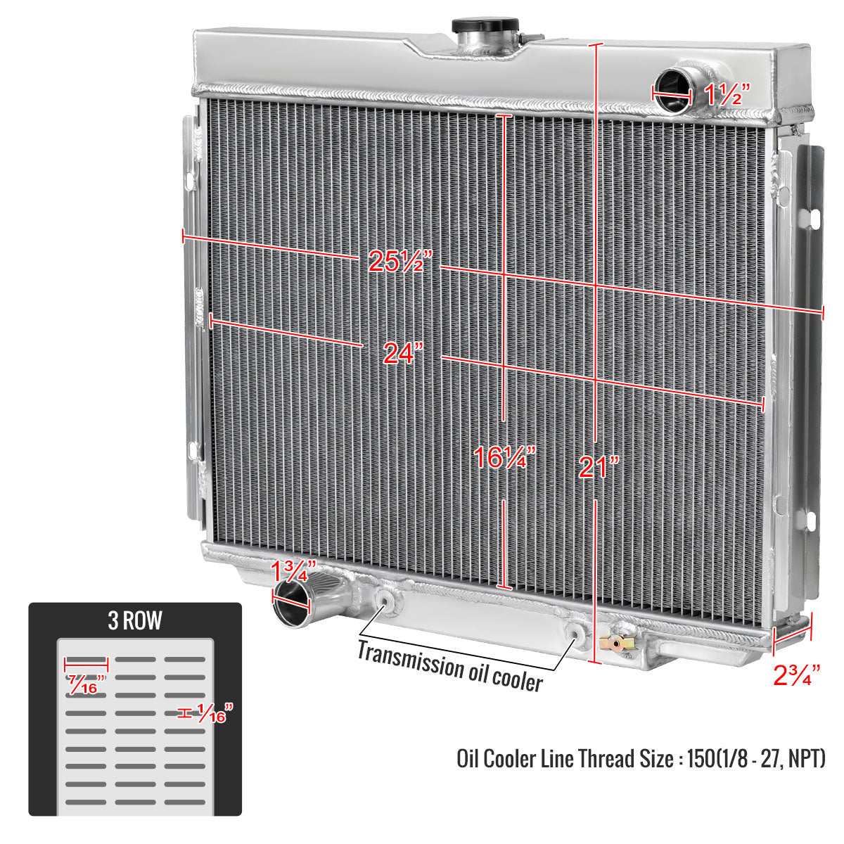 1967-1970 Ford Mustang/Fairlane/Ranchero/Torino Mercury Cougar 390ci V8 Aluminum 3-Row Performance Radiator