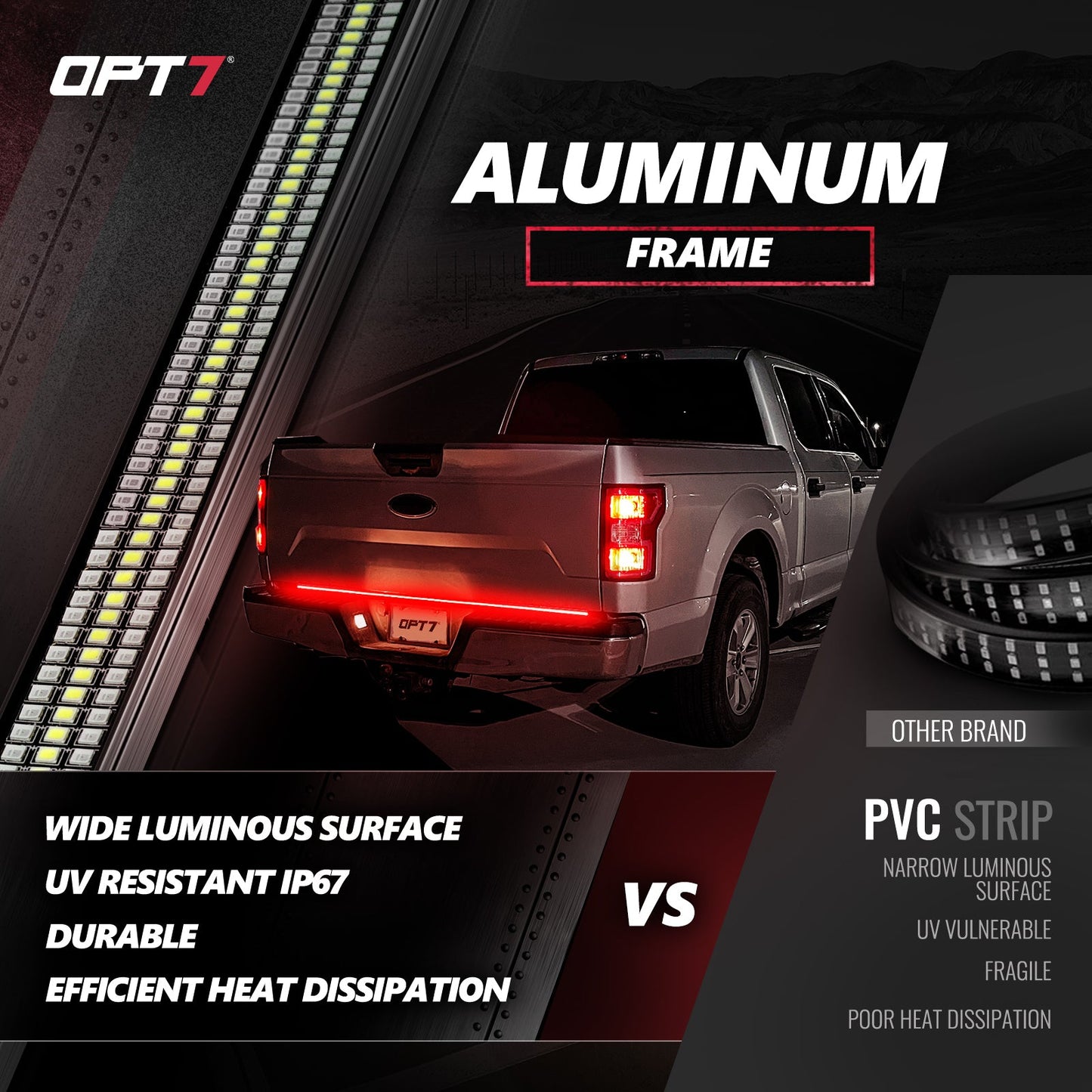 OPT7 Redline Triple Tailgate Light Bar 60" Bundle with Sidekick Sequential Running Board Light LED Strip Kit