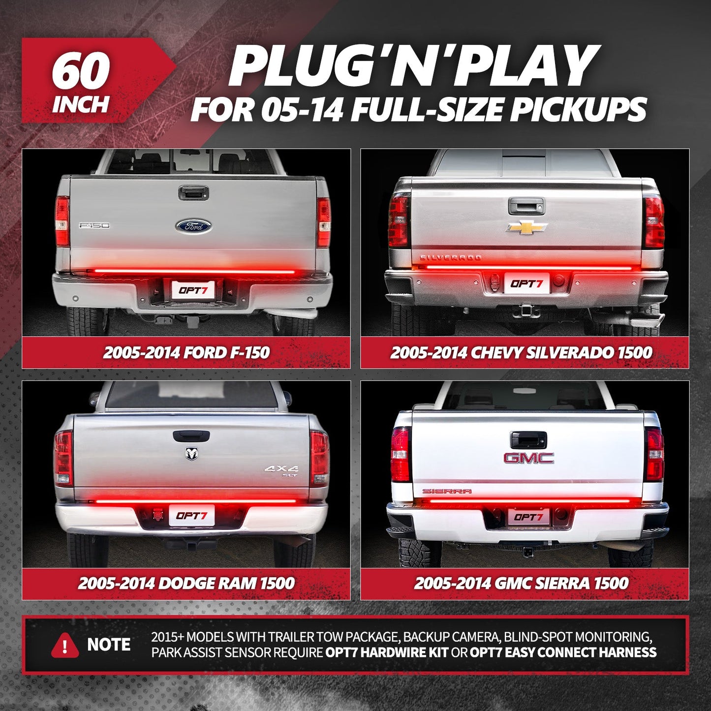 OPT7 Redline Triple Tailgate Light Bar 60" Bundle with Sidekick Sequential Running Board Light LED Strip Kit