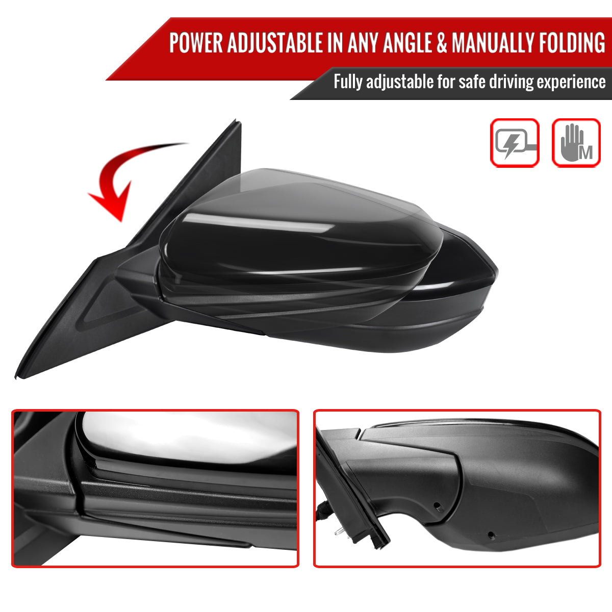 2016-2020 Honda Civic Driver/Left 3-Pin Glossy Black Power Adjustable Side Mirror