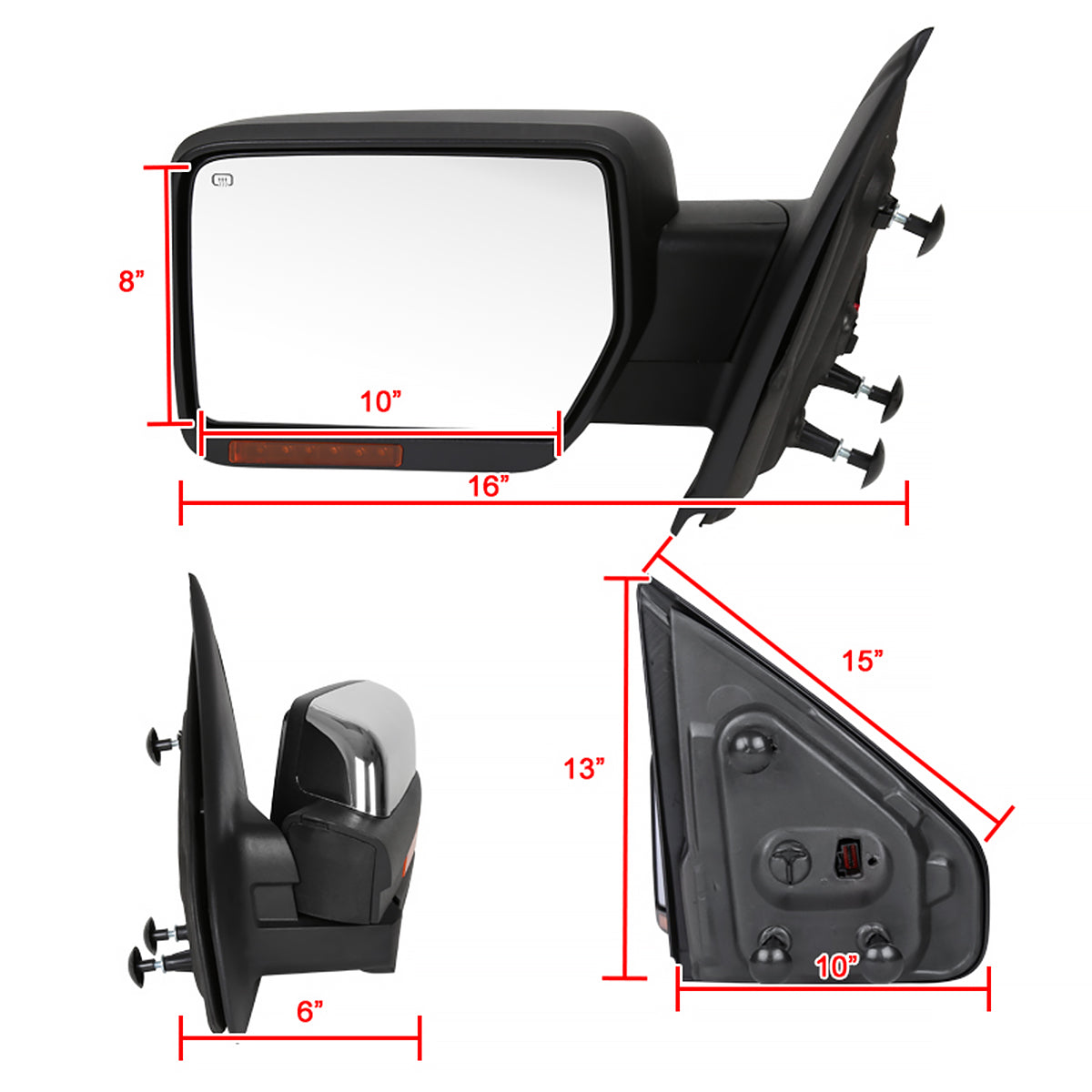 2007-2014 Ford F-150 Chrome Power Adjustable & Heated Side Mirror w/ LED Amber Turn Signal & Puddle Light - Driver Side Only