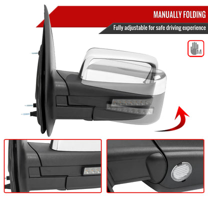 2007-2014 Ford F150 Chrome Power Adjustable & Heated Side Mirrors w/ LED Turn Signal and Puddle Light - Pair