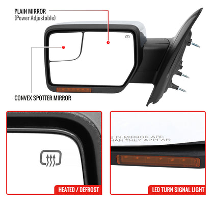 2007-2014 Ford F150 Chrome Power Adjustable & Heated Side Mirrors w/ LED Turn Signal and Puddle Light - Pair