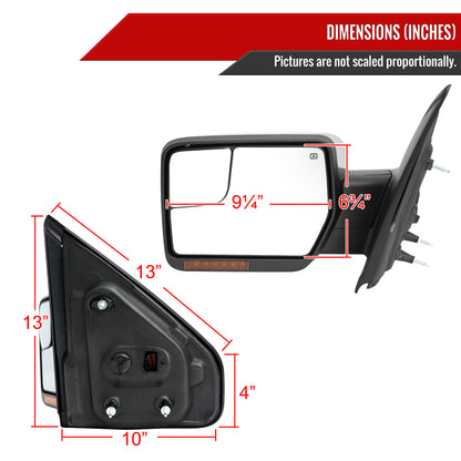 2007-2014 Ford F150 Chrome Power Adjustable & Heated Side Mirrors w/ LED Turn Signal and Puddle Light - Pair