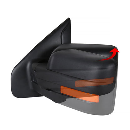 2007-2014 Ford F-150 Black Power Adjustable & Heated Side Mirror w/ LED Amber Turn Signal & Puddle Light - Driver Side Only