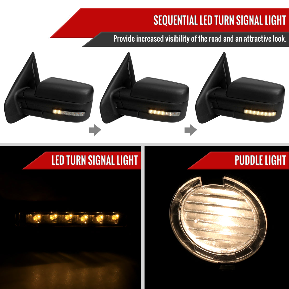 2007-2014 Ford F150 Black Power Adjustable & Heated Side Mirrors w/ LED Turn Signal and Puddle Light - Pair
