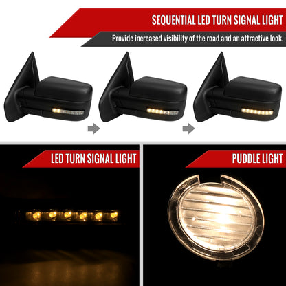 2007-2014 Ford F150 Black Power Adjustable & Heated Side Mirrors w/ LED Turn Signal and Puddle Light - Pair