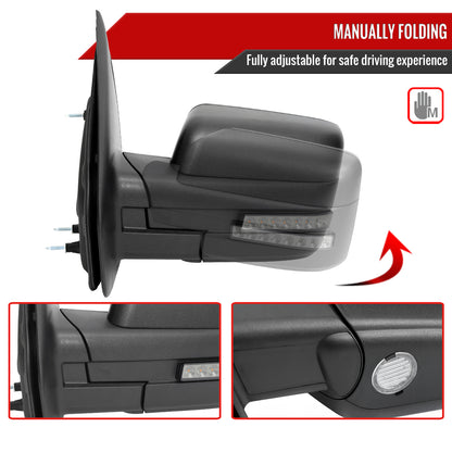 2007-2014 Ford F150 Black Power Adjustable & Heated Side Mirrors w/ LED Turn Signal and Puddle Light - Pair