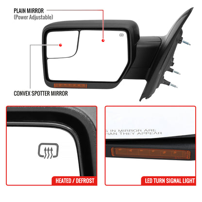2007-2014 Ford F150 Black Power Adjustable & Heated Side Mirrors w/ LED Turn Signal and Puddle Light - Pair