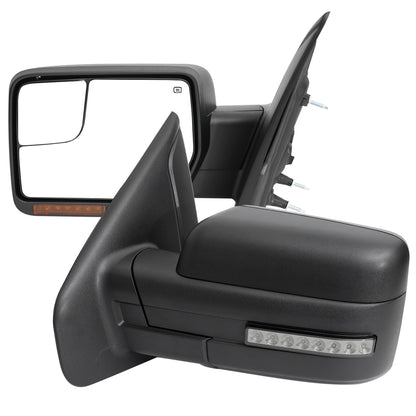 2007-2014 Ford F150 Black Power Adjustable & Heated Side Mirrors w/ LED Turn Signal and Puddle Light - Pair