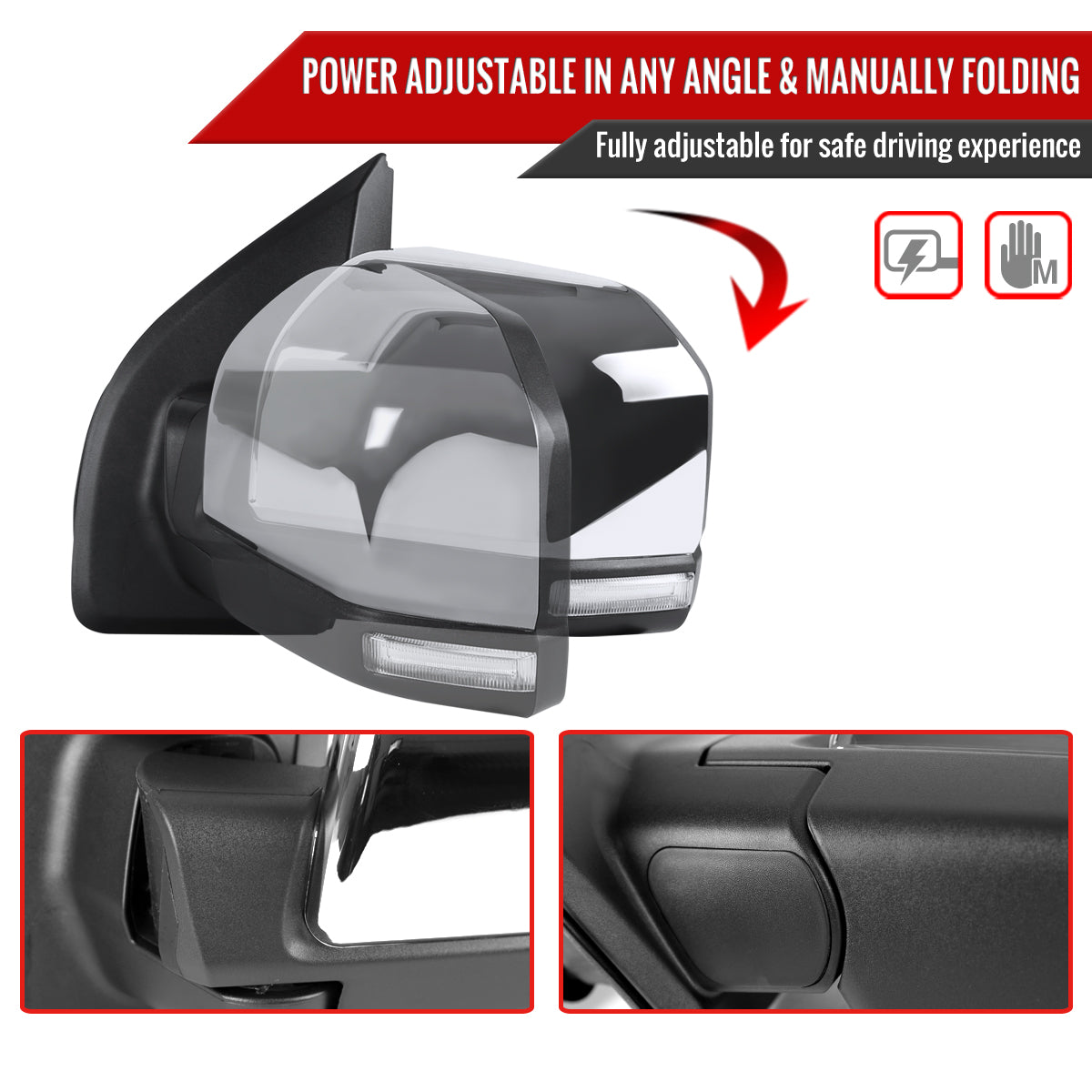 2015-2020 Ford F-150 Chrome Power Adjustable & Heated Side Mirror w/ LED Turn Signal Light - Driver Side Only