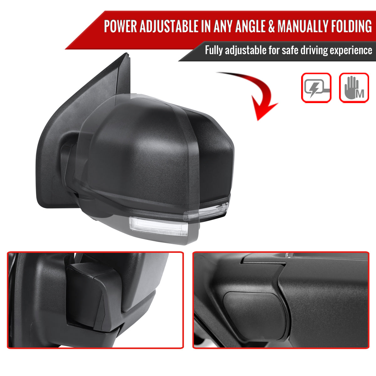 2015-2020 Ford F-150 Black Power Adjustable & Heated Side Mirror w/ LED Turn Signal Light - Driver Side Only