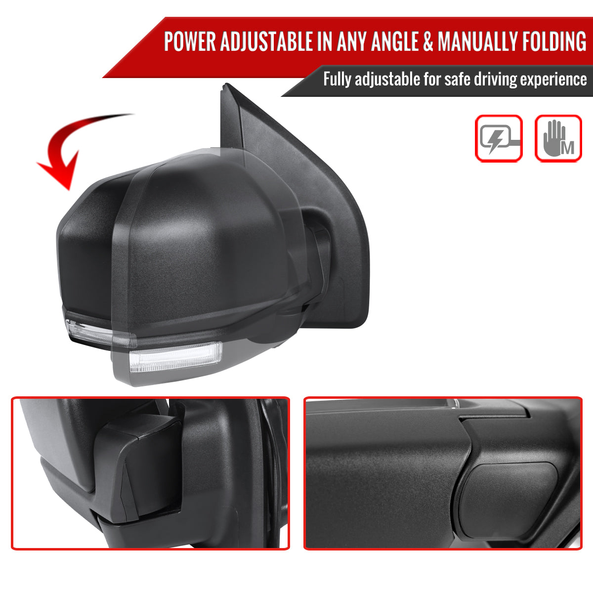 2015-2020 Ford F-150 Black Power Adjustable & Heated Side Mirror w/ LED Turn Signal Light - Passenger Side Only