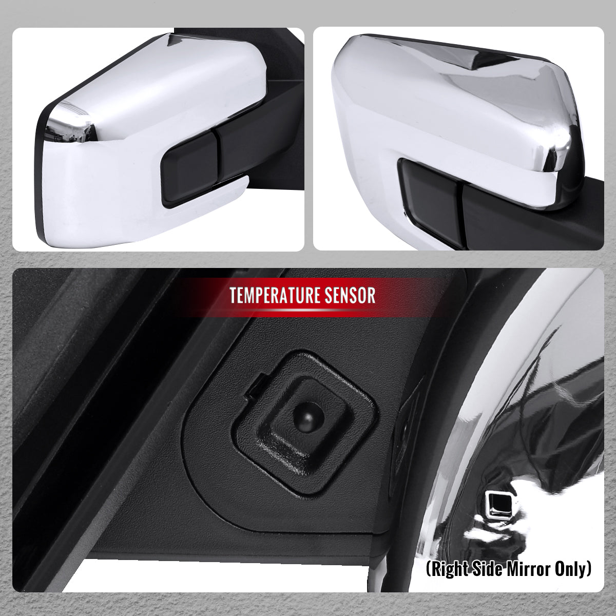 2021-2025 Ford F-150 Chrome Power Adjustable, Manual Fold & Heated Side Mirror w/ t Temperature Sensor - Passenger Side Only