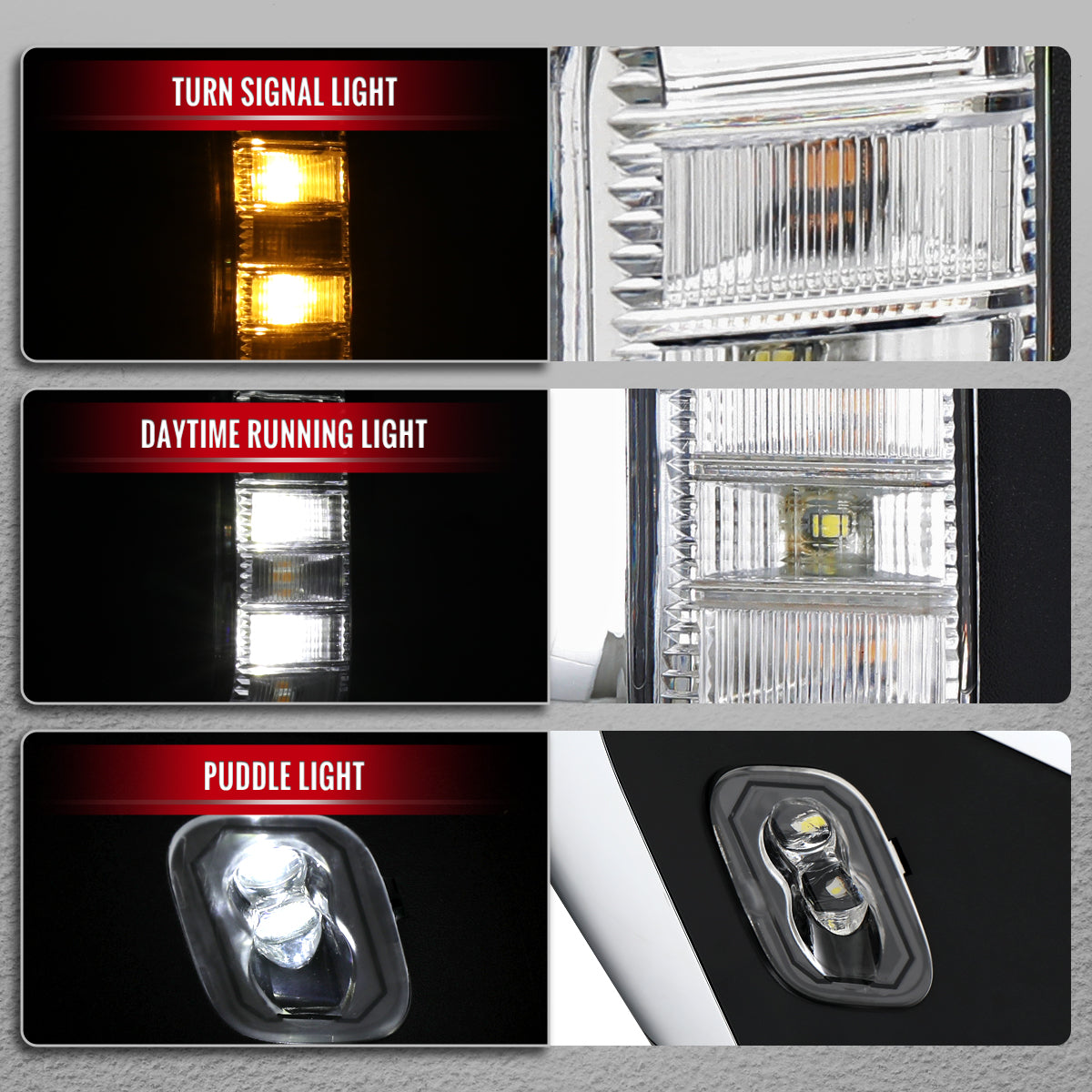 2021-2025 Ford F-150 Chrome Power Adjustable, Manual Fold, BSD & Heated Side Mirror w/ LED DRL Turn Signal Light - Driver Side Only