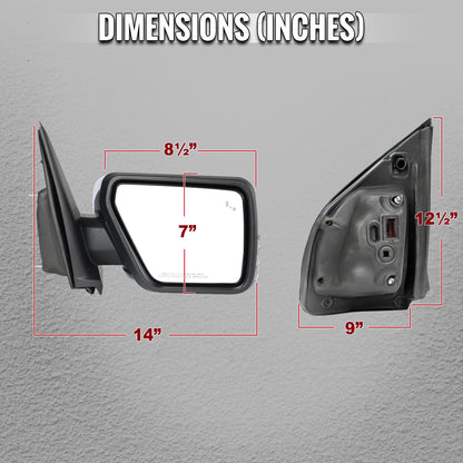 2021-2025 Ford F-150 Chrome Power Adjustable, Manual Fold, BSD & Heated Side Mirror w/ LED DRL Turn Signal Light Temperature Sensor - Passenger Side Only