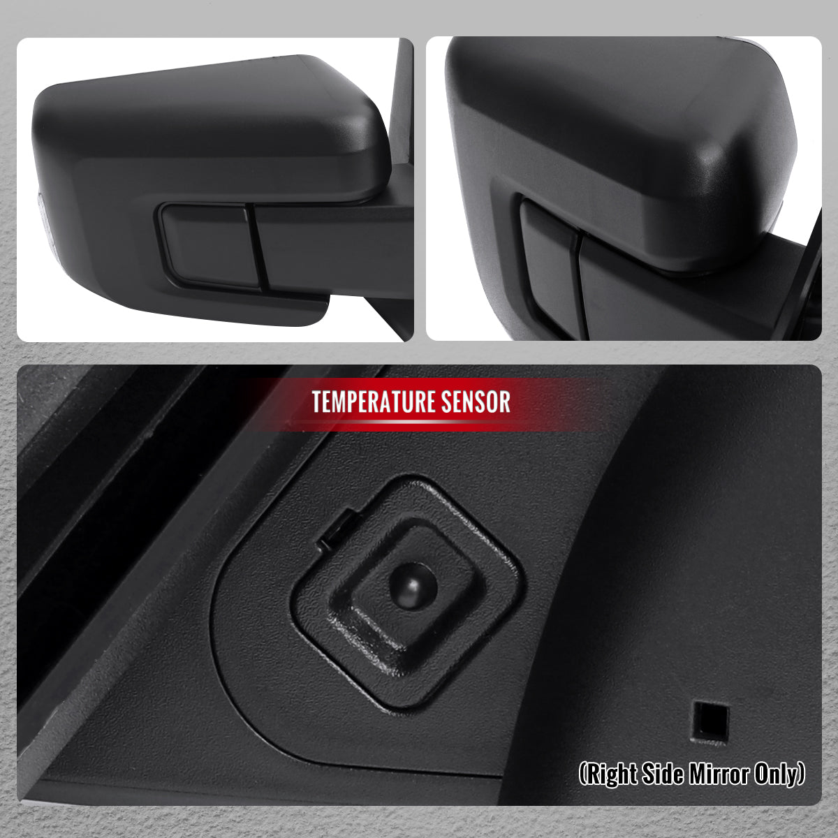 2021-2025 Ford F-150 Black Power Adjustable, Manual Fold, BSD & Heated Side Mirror w/ LED DRL Turn Signal Light Temperature Sensor - Passenger Side Only