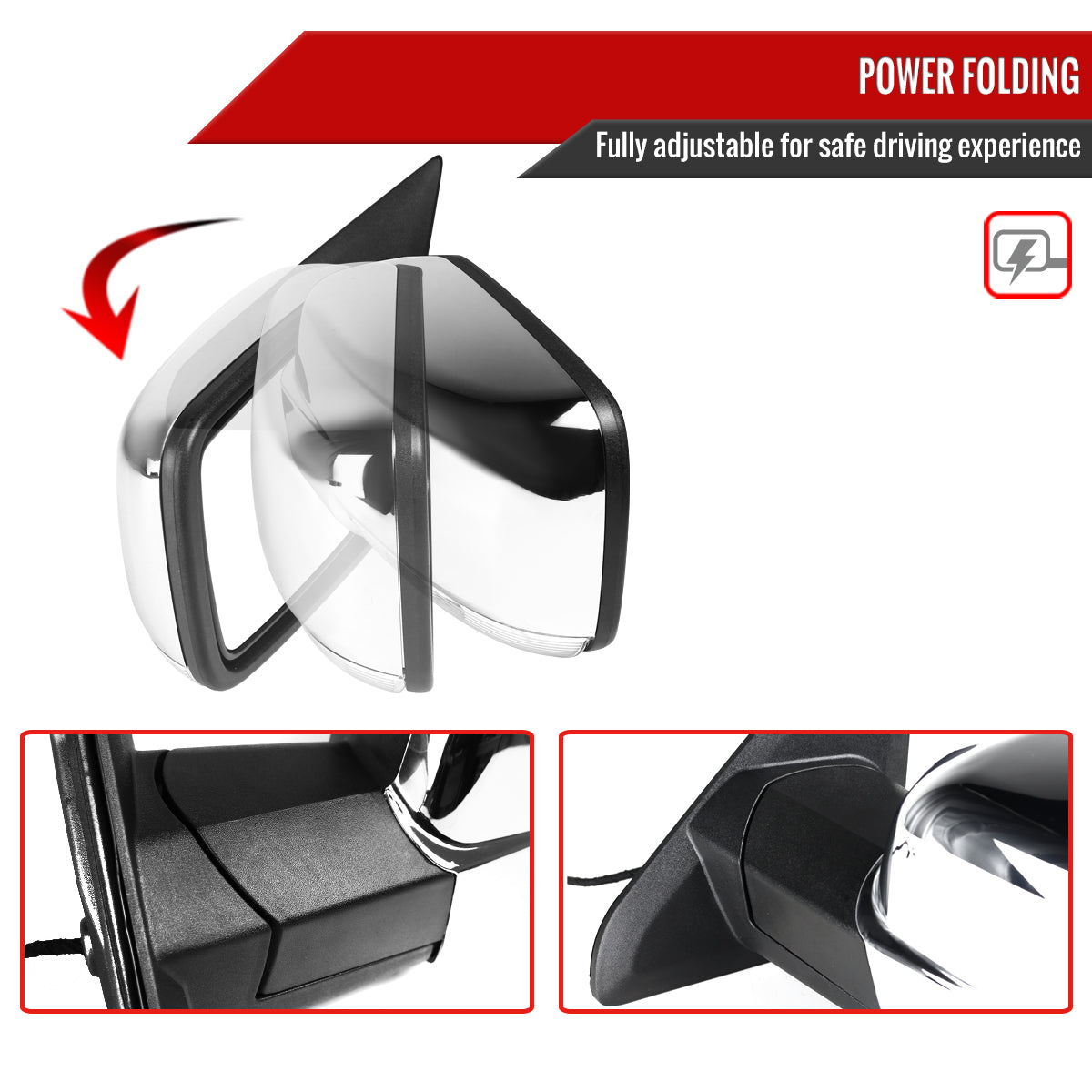 2013-2019 Dodge RAM Chrome Power Adjustable, Auto-Fold, & Heated Side Mirror w/ LED Turn Signal & Puddle Light - Driver Side Only