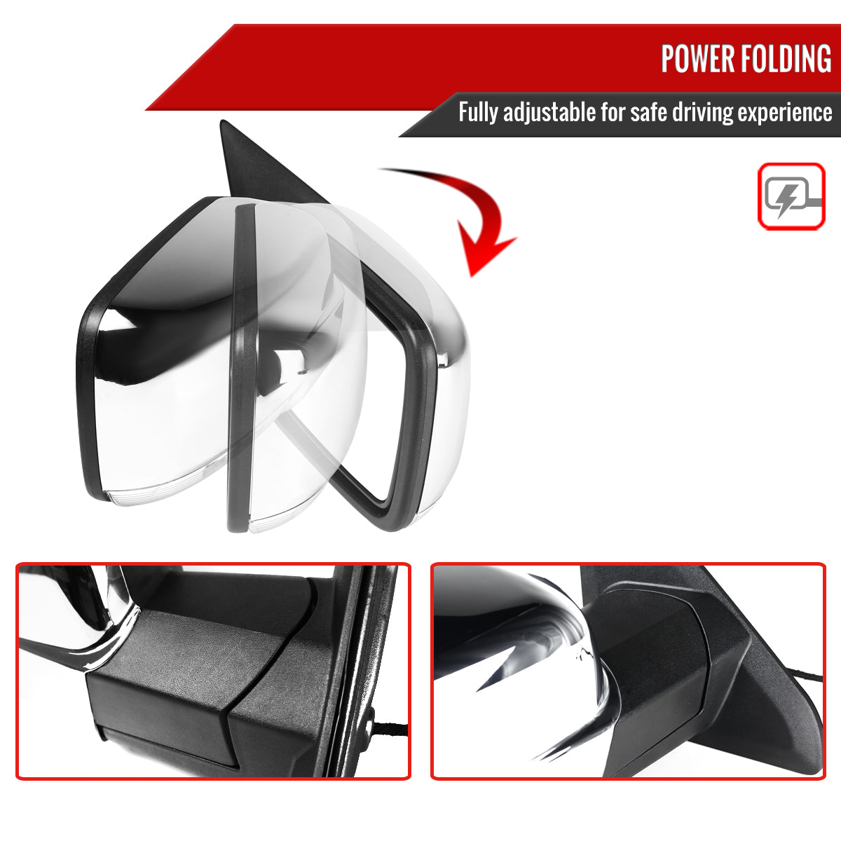 2013-2019 Dodge RAM Chrome Power Adjustable, Auto-Fold, & Heated Side Mirror w/ LED Turn Signal & Puddle Light - Passenger Side Only