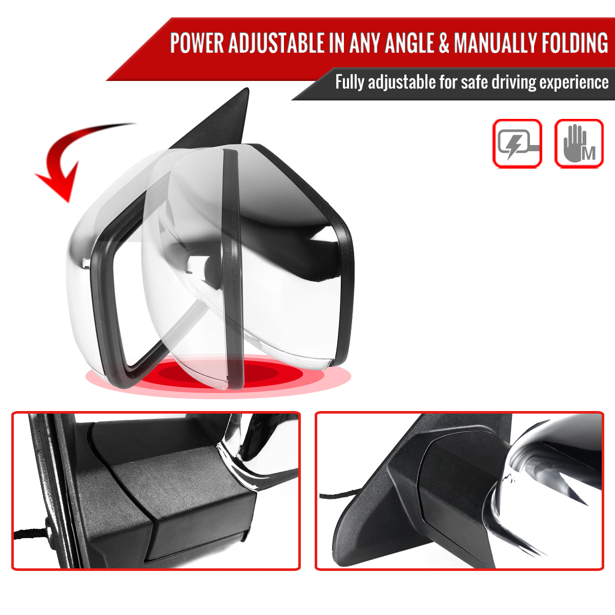 2013-2019 Dodge RAM Chrome Power Adjustable, Heated Side Mirror w/ LED Turn Signal & Puddle Light - Driver Side Only