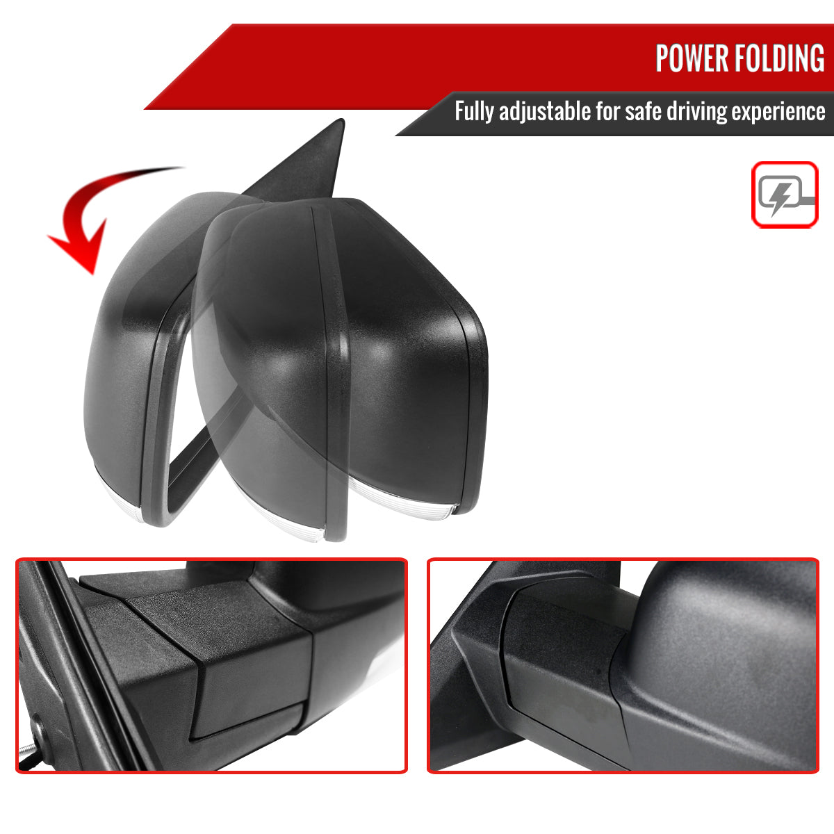 2013-2019 Dodge RAM Black Power Adjustable, Auto-Fold, & Heated Side Mirror w/ LED Turn Signal & Puddle Light - Driver Side Only