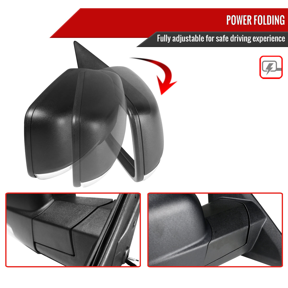 2013-2019 Dodge RAM Black Power Adjustable, Auto-Fold, & Heated Side Mirror w/ LED Turn Signal & Puddle Light - Passenger Side Only