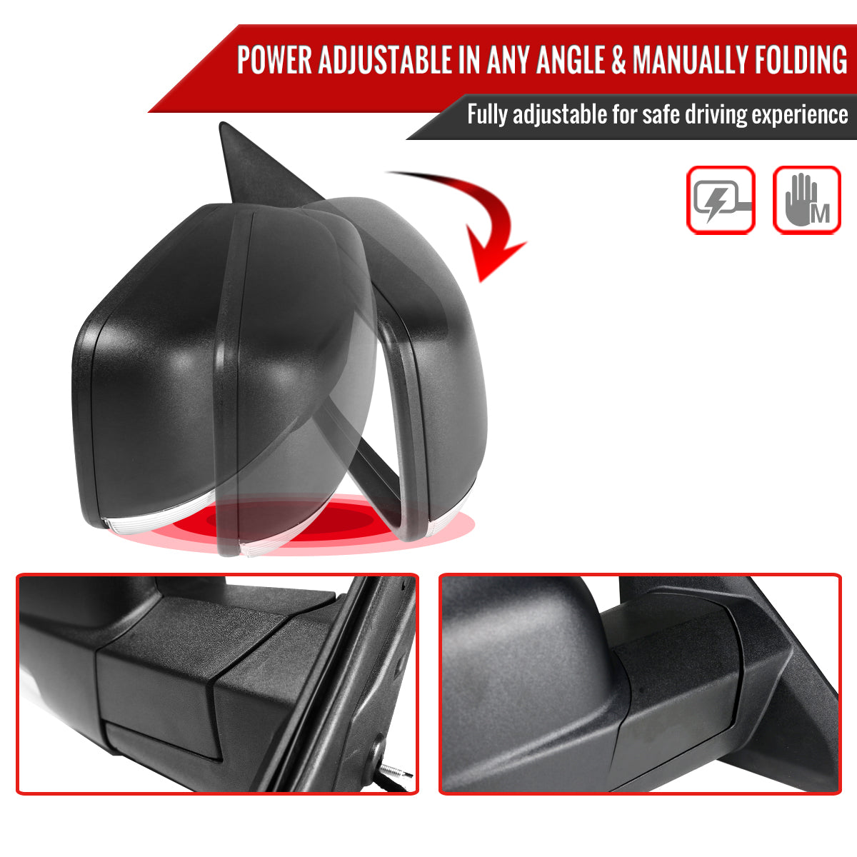 2013-2019 Dodge RAM Black Power Adjustable & Heated Side Mirror w/ LED Turn Signal & Puddle Light - Passenger Side Only