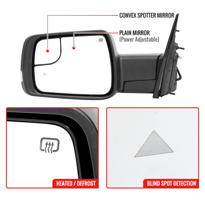 2019-2024 Dodge RAM 1500 Chrome Power Adjustable, Manual Fold, BSD & Heated Side Mirror w/ LED Puddle and Turn Signal Light - Driver Side Only