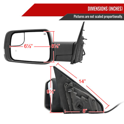 2019-2024 Dodge RAM 1500 Chrome Power Adjustable, Manual Fold, BSD & Heated Side Mirror w/ LED Puddle and Turn Signal Light - Driver Side Only