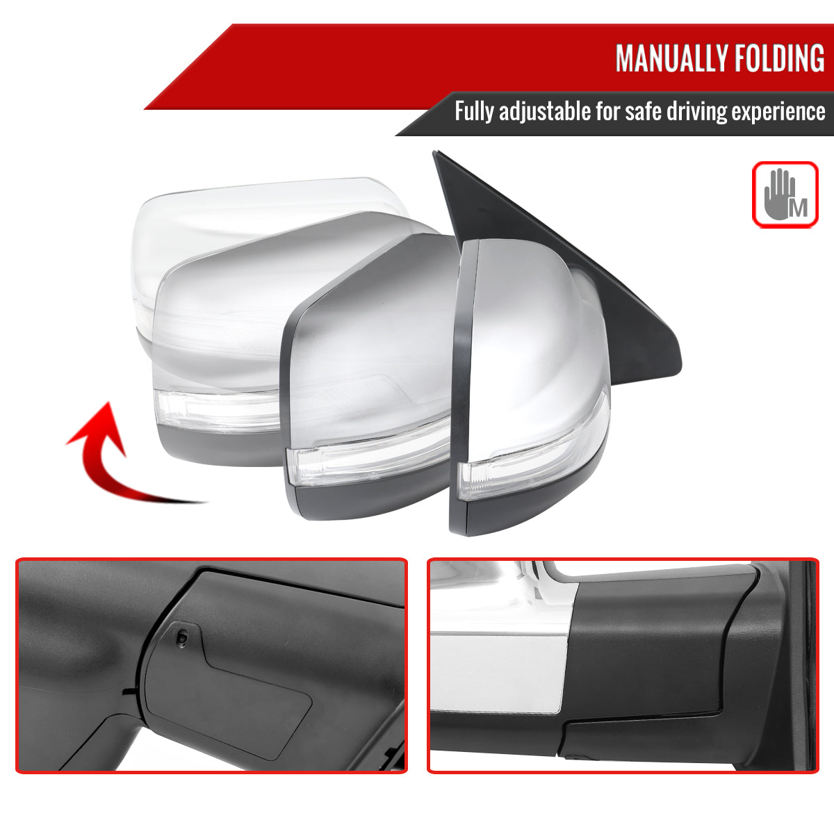 2019-2024 Dodge RAM 1500 Chrome Power Adjustable, Manual Fold, BSD & Heated Side Mirror w/ LED Puddle and Turn Signal Light - Passenger Side Only