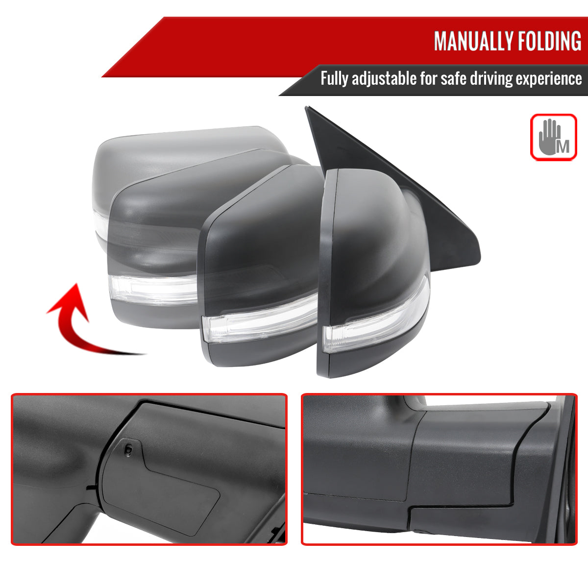 2019-2024 Dodge RAM 1500 Black Power Adjustable, Manual Fold, BSD & Heated Side Mirror w/ LED Puddle and Turn Signal Light - Passenger Side Only