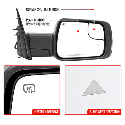 2019-2024 Dodge RAM 1500 Black Power Adjustable, Auto-Fold, BSD & Heated Side Mirror w/ LED Puddle and Turn Signal Light - Passenger Side Only