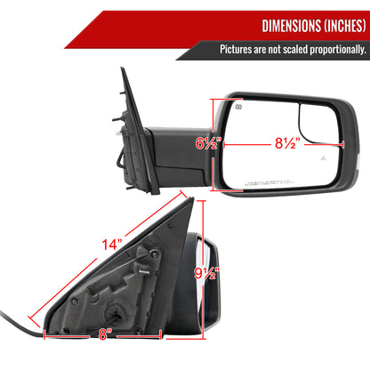 2019-2024 Dodge RAM 1500 Black Power Adjustable, Auto-Fold, BSD & Heated Side Mirror w/ LED Puddle and Turn Signal Light - Passenger Side Only