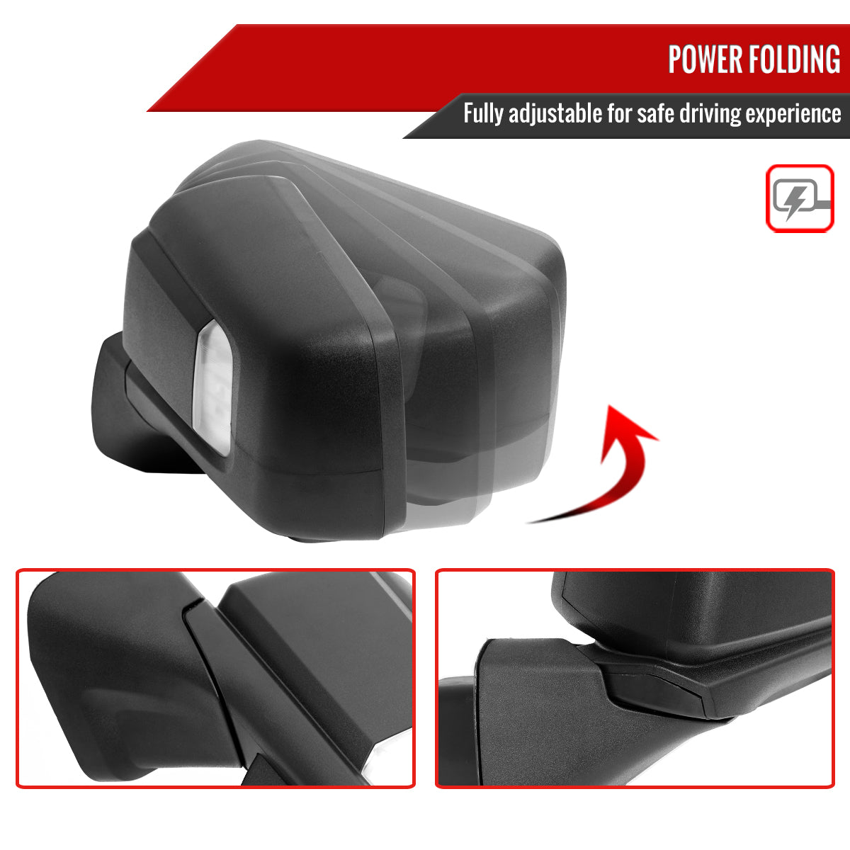 2019-2026 GMC Sierra 1500 Black Power Adjustable, Auto-Fold, BSD & Heated Side Mirror w/ LED Puddle and Auxiliary Light - Driver Side Only