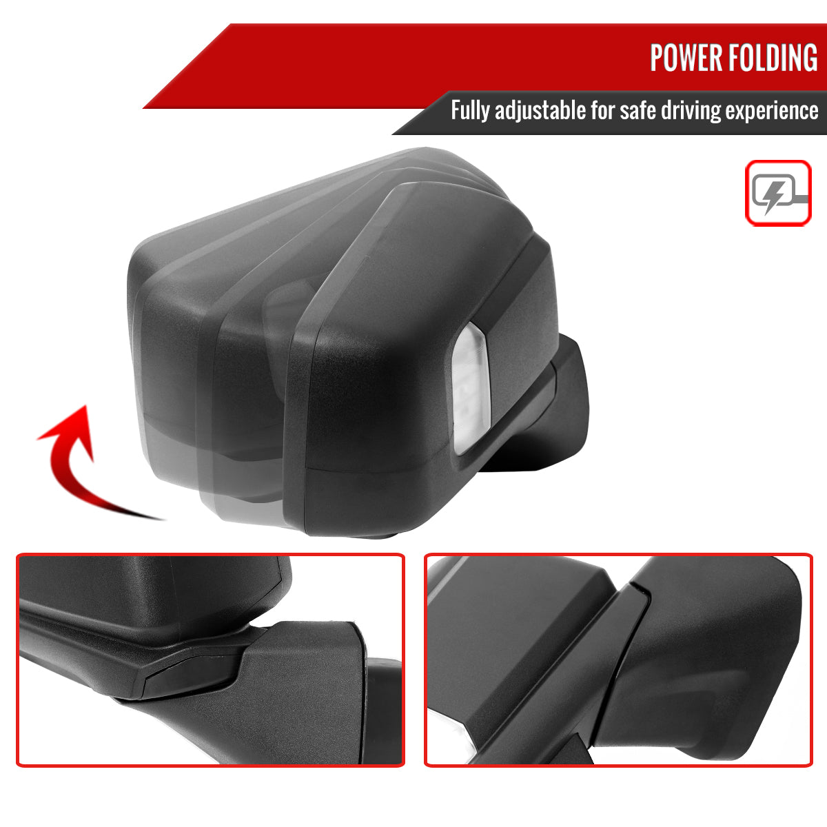 2019-2026 GMC Sierra 1500 Black Power Adjustable, Auto-Fold, BSD & Heated Side Mirror w/ LED Puddle and Auxiliary Light - Passenger Side Only