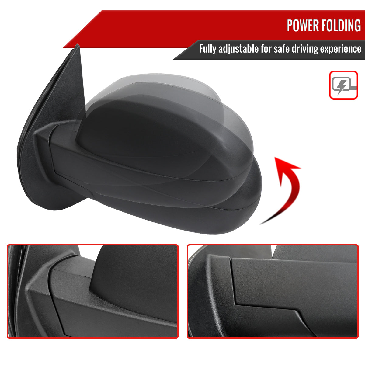 2007-2013 Chevrolet Silverado GMC Sierra Black Power Adjustable, Auto-Fold & Heated Side Mirror w/ LED Puddle and Turn Signal Light - Driver Side Only